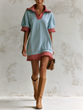Light Blue Fake Two-Piece Striped Fringe Polo Mini Sweatshirt Dress