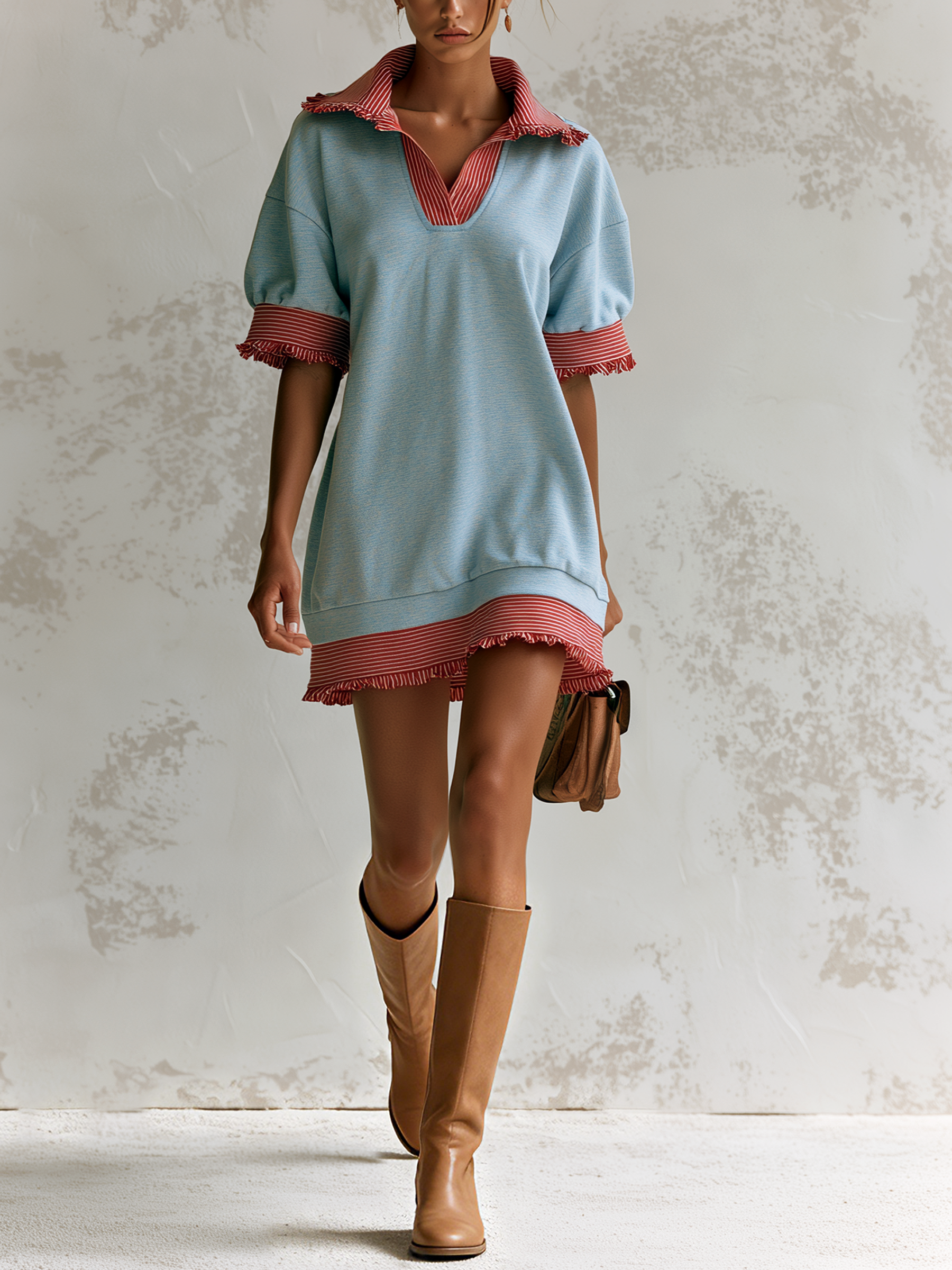 Light Blue Fake Two-Piece Striped Fringe Polo Mini Sweatshirt Dress
