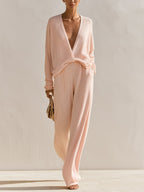 Elegant Ribbed Knit Two-Piece Set – Draped Wrap Top & Wide-Leg Pants Lounge Ensemble