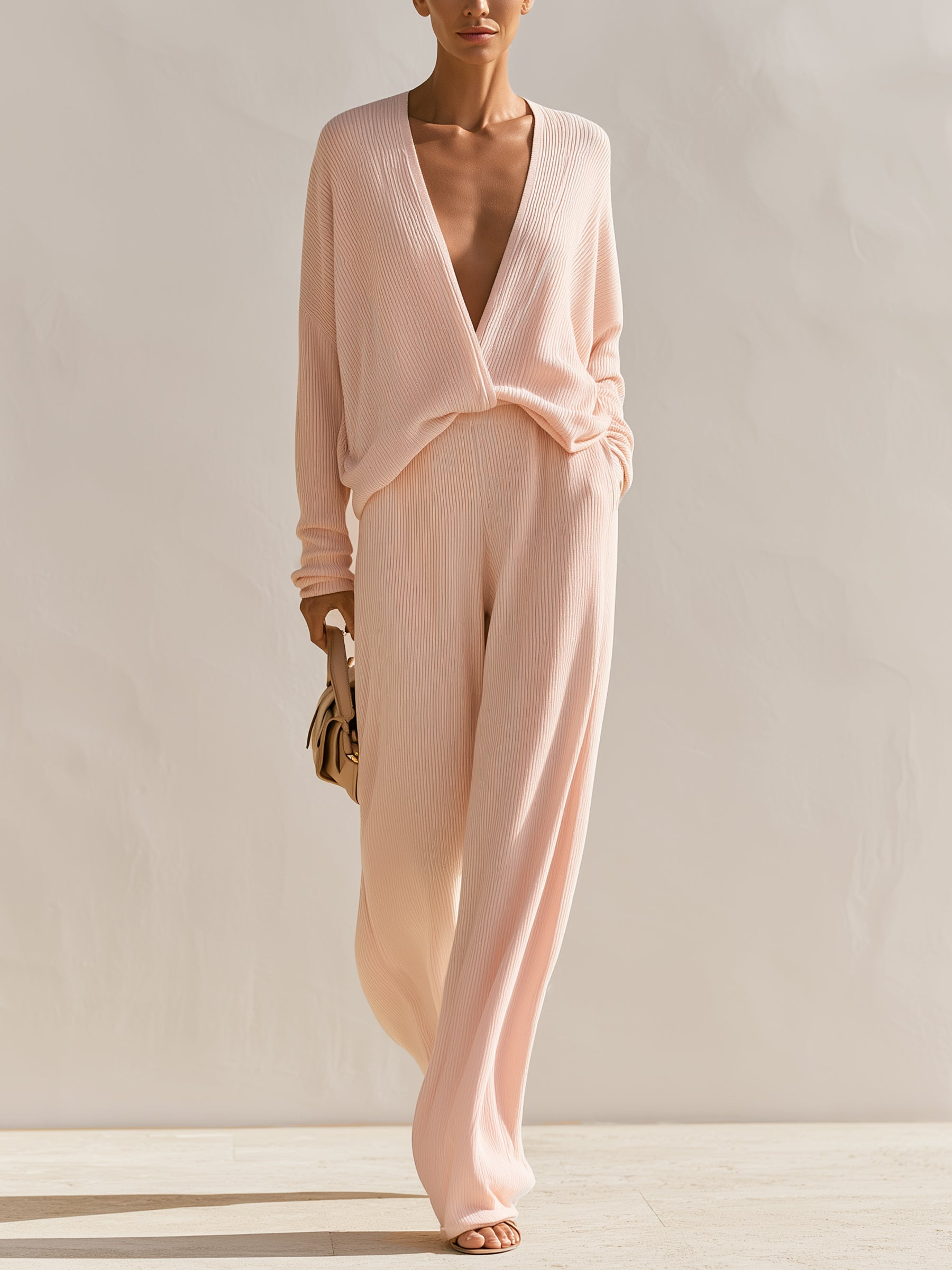 Elegant Ribbed Knit Two-Piece Set – Draped Wrap Top & Wide-Leg Pants Lounge Ensemble