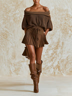 Women’s Brown Off Shoulder Knit Top & Pleated Shorts Set – Elegant Casual Two Piece Outfit