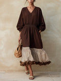 Women's Boho V-Neck Smocked Waist Midi Dress – Long Sleeve Color Block Ruffle Hem Dress