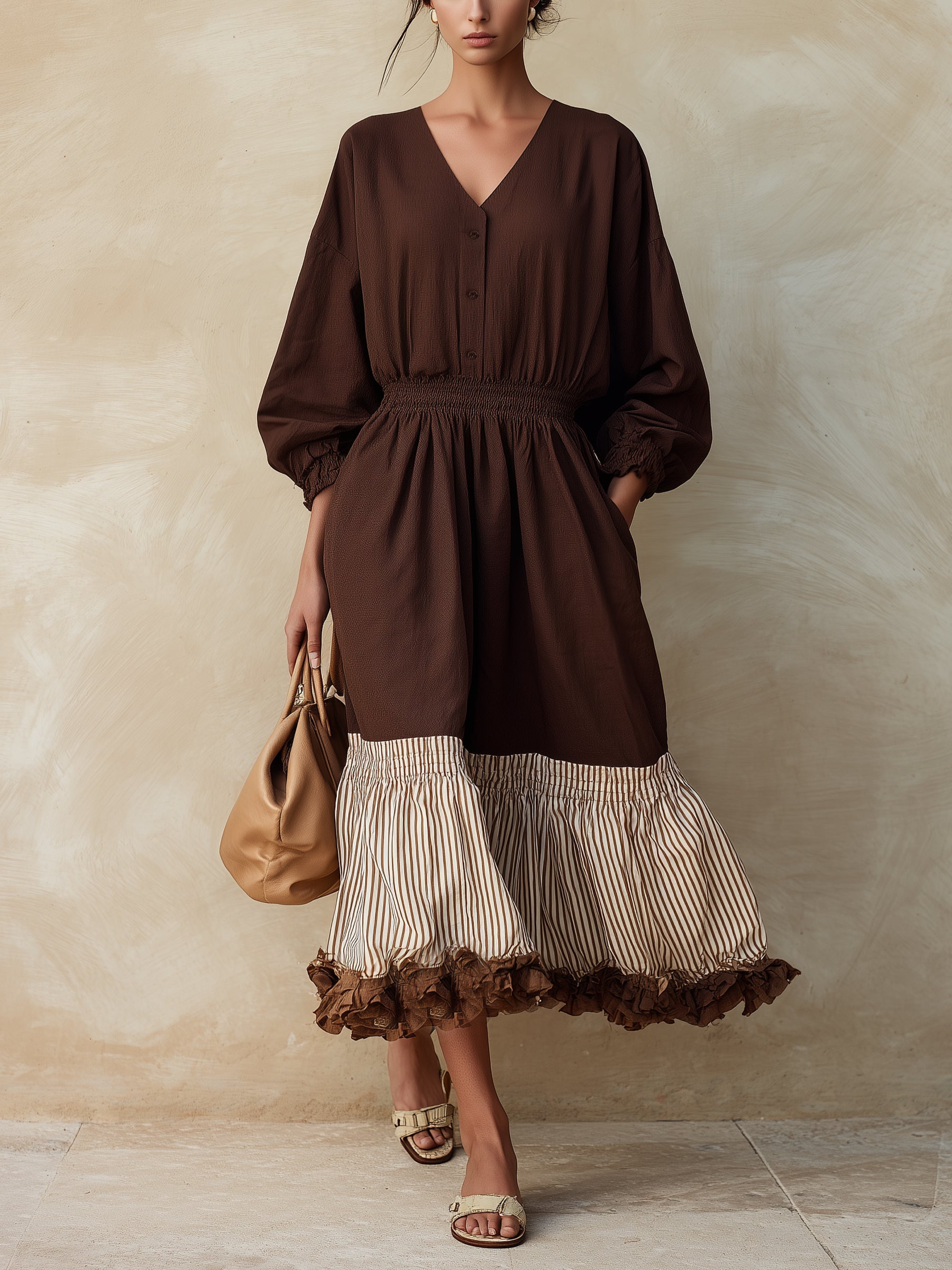 Women's Boho V-Neck Smocked Waist Midi Dress – Long Sleeve Color Block Ruffle Hem Dress