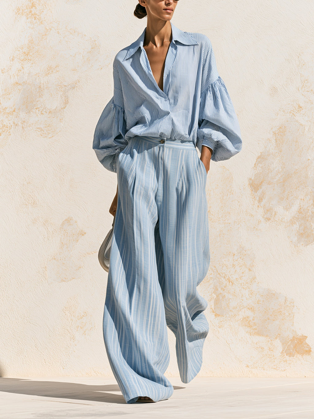 Women’s Blue Striped Shirt & Wide Leg Pants Set – Elegant Casual Two Piece Outfit