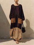 Women's Boho Color Block Maxi Dress – Long Sleeve Loose Fit Patch Pocket Ruffle Hem Casual Dress
