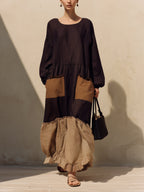 Women's Boho Color Block Maxi Dress – Long Sleeve Loose Fit Patch Pocket Ruffle Hem Casual Dress