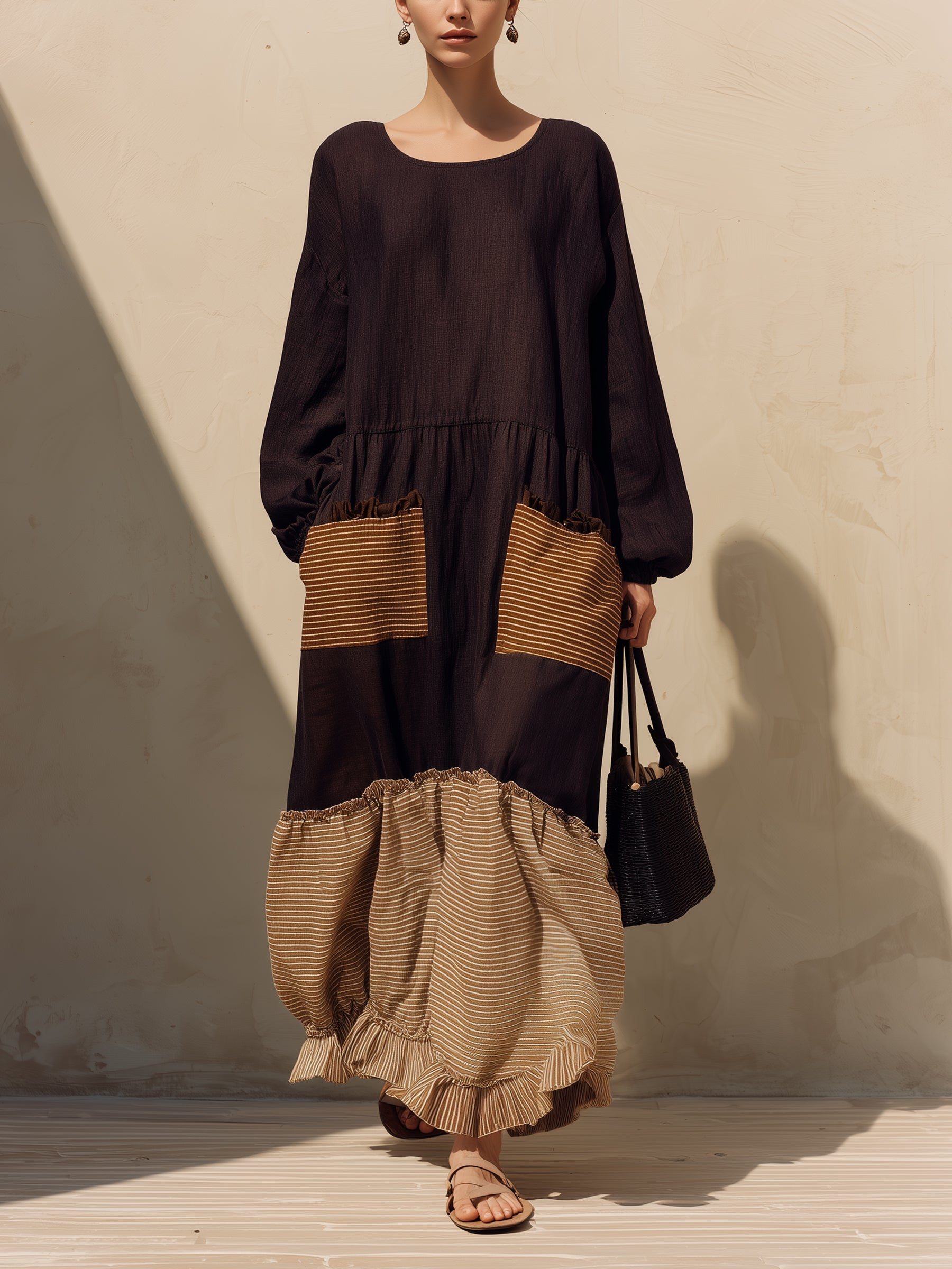 Women's Boho Color Block Maxi Dress – Long Sleeve Loose Fit Patch Pocket Ruffle Hem Casual Dress