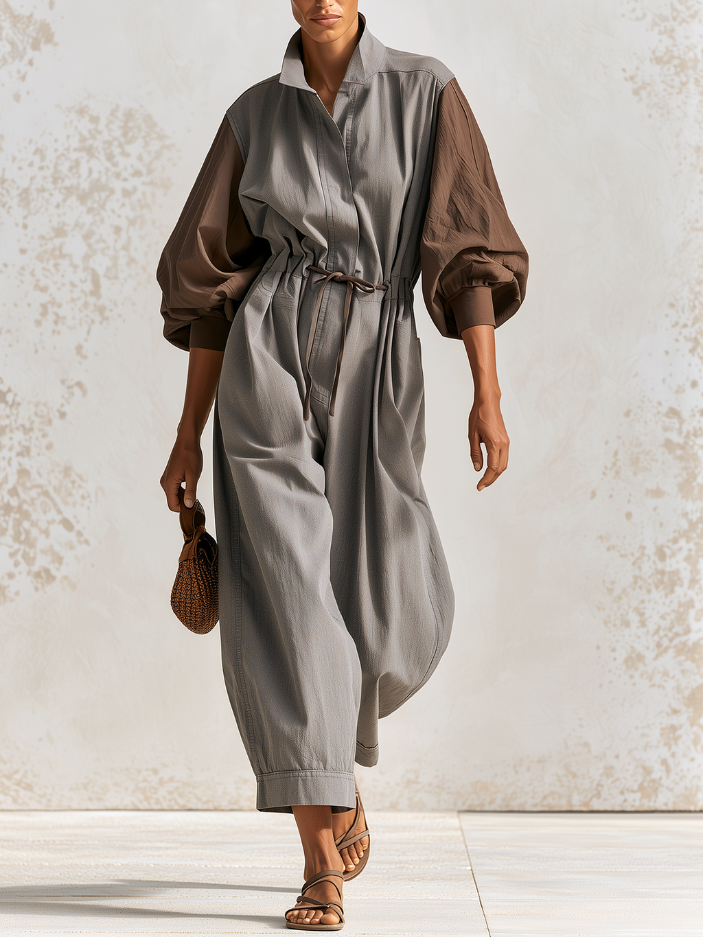 Grey-Brown Color-Block Long-Sleeve Wide-Leg Jumpsuit With Drawstring Waist