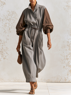 Grey-Brown Color-Block Long-Sleeve Wide-Leg Jumpsuit With Drawstring Waist