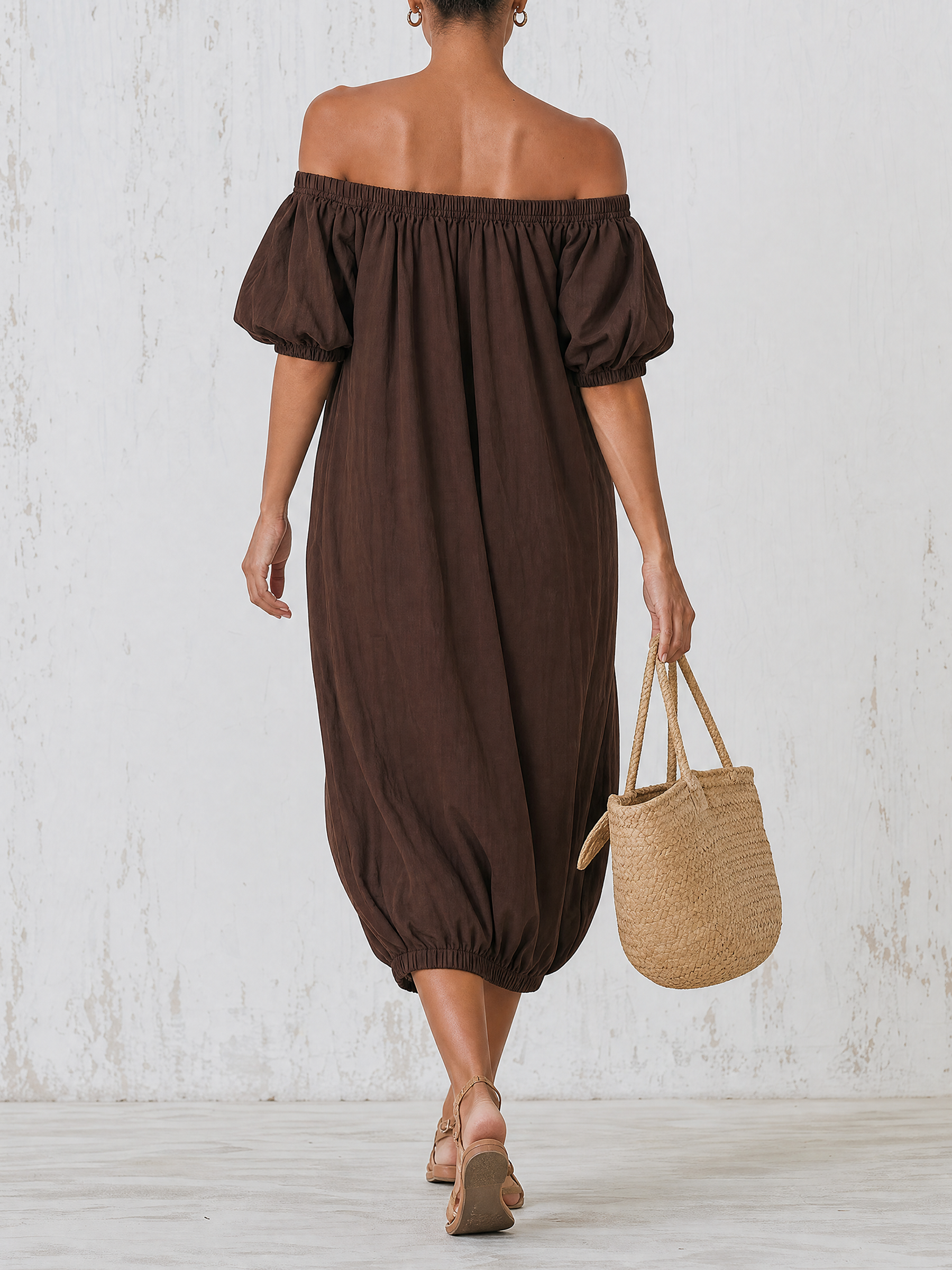 Brown Off Shoulder Bubble Hem Midi Dress, Puff Short Sleeve Loose Casual Linen Blend Vacation Dress With Front Patch Pockets