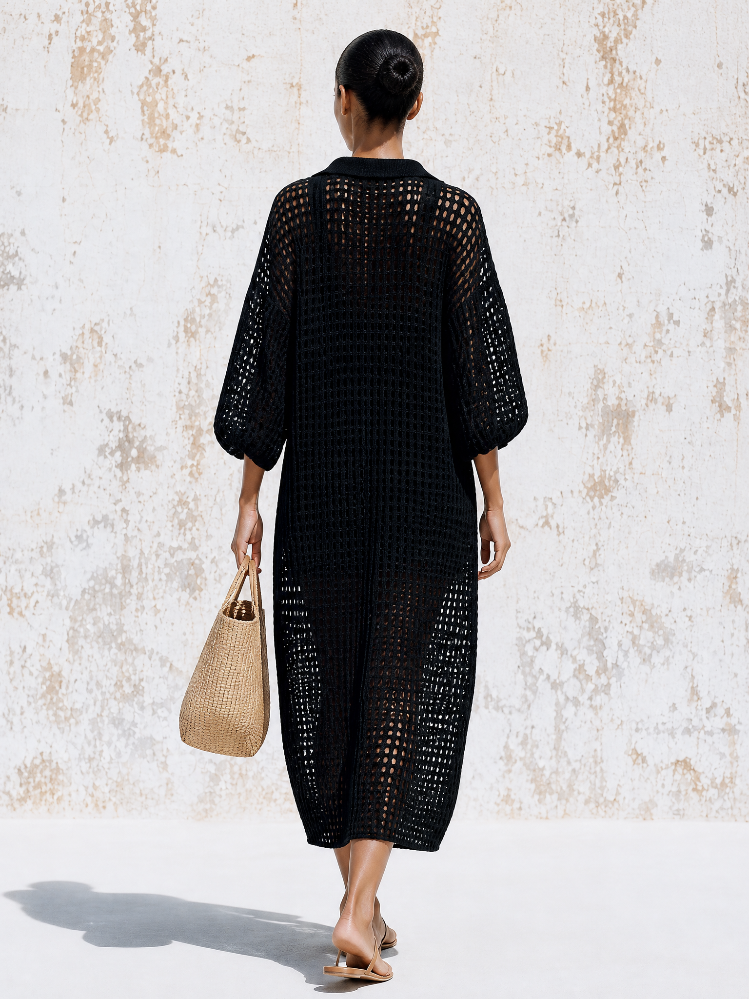 Polo Collar Puff Sleeve Open Mesh Knit Midi Dress With White Trim Pockets