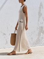 Sleeveless Open Knit Midi Dress With Contrast Stitch Trim & Side Slits