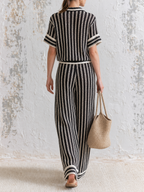 Black White Vertical Stripe Knit Two-Piece Set, Collared Short Sleeve Top & High Waist Wide Leg Knit Pants Casual Matching Outfit