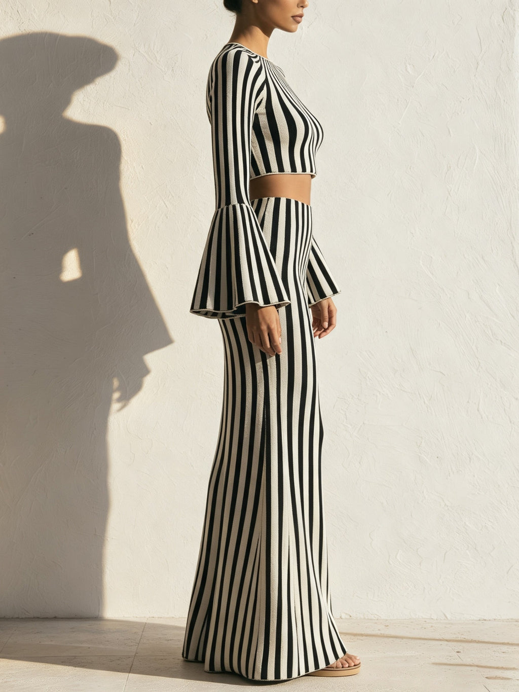 Striped Knit Two-Piece Set – Bell Sleeve Crop Top