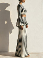 Striped Knit Two-Piece Set – Bell Sleeve Crop Top