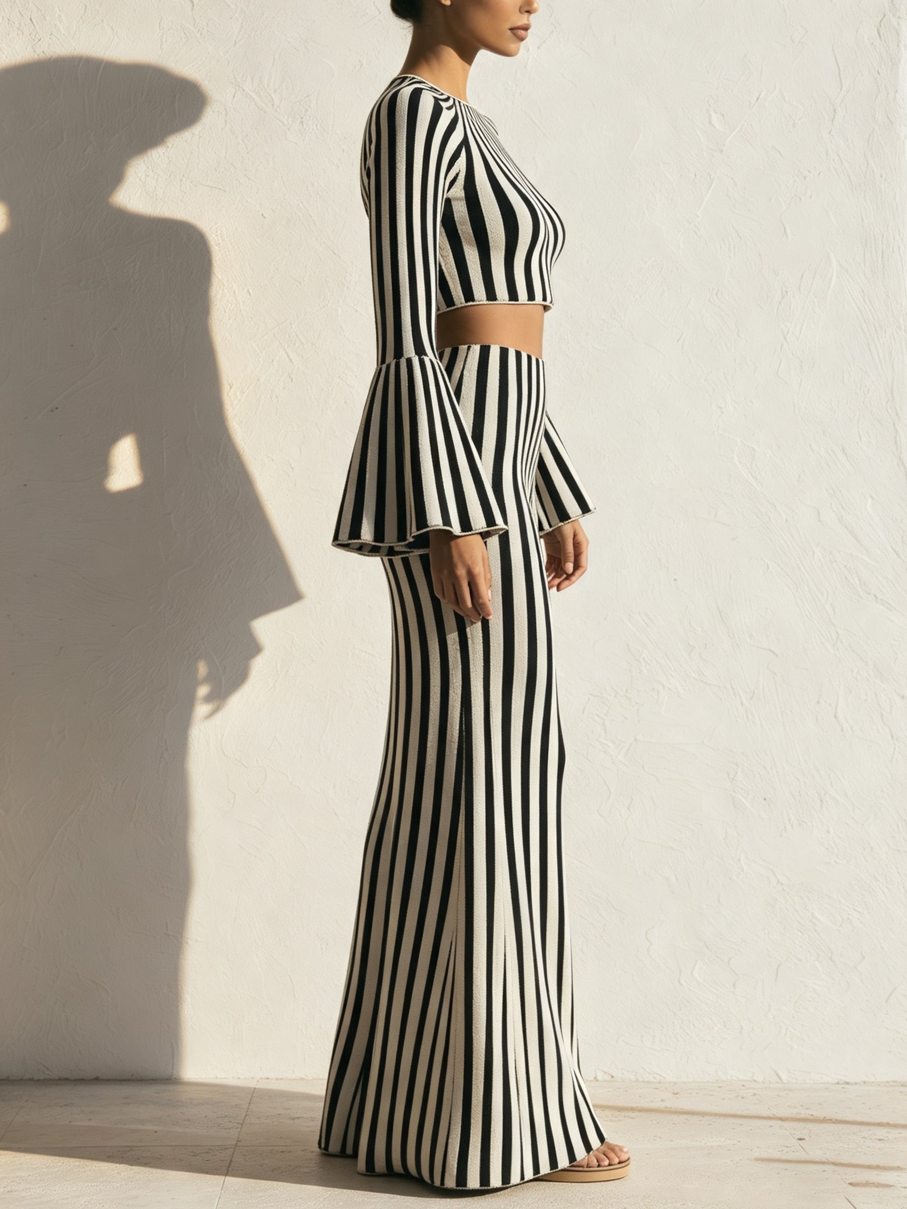 Striped Knit Two-Piece Set – Bell Sleeve Crop Top