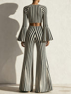 Striped Knit Two-Piece Set – Bell Sleeve Crop Top