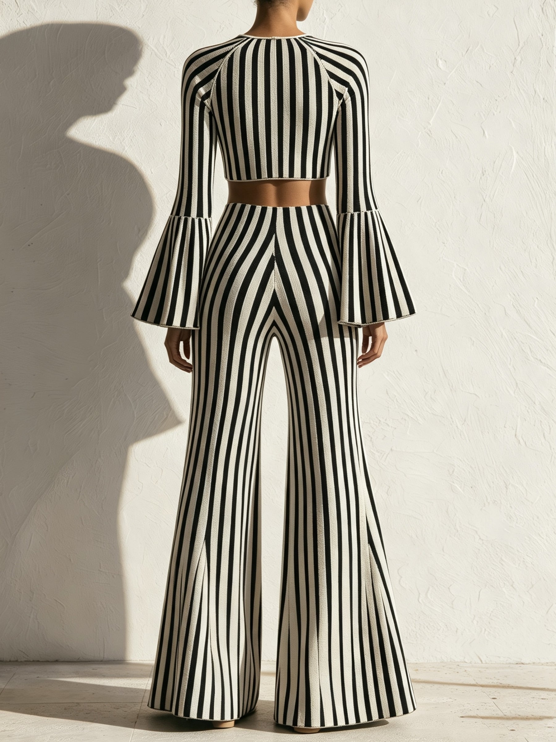 Striped Knit Two-Piece Set – Bell Sleeve Crop Top