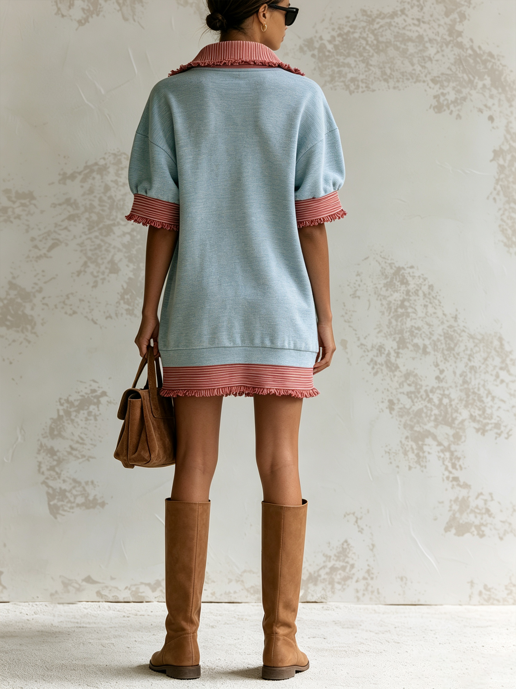 Light Blue Fake Two-Piece Striped Fringe Polo Mini Sweatshirt Dress