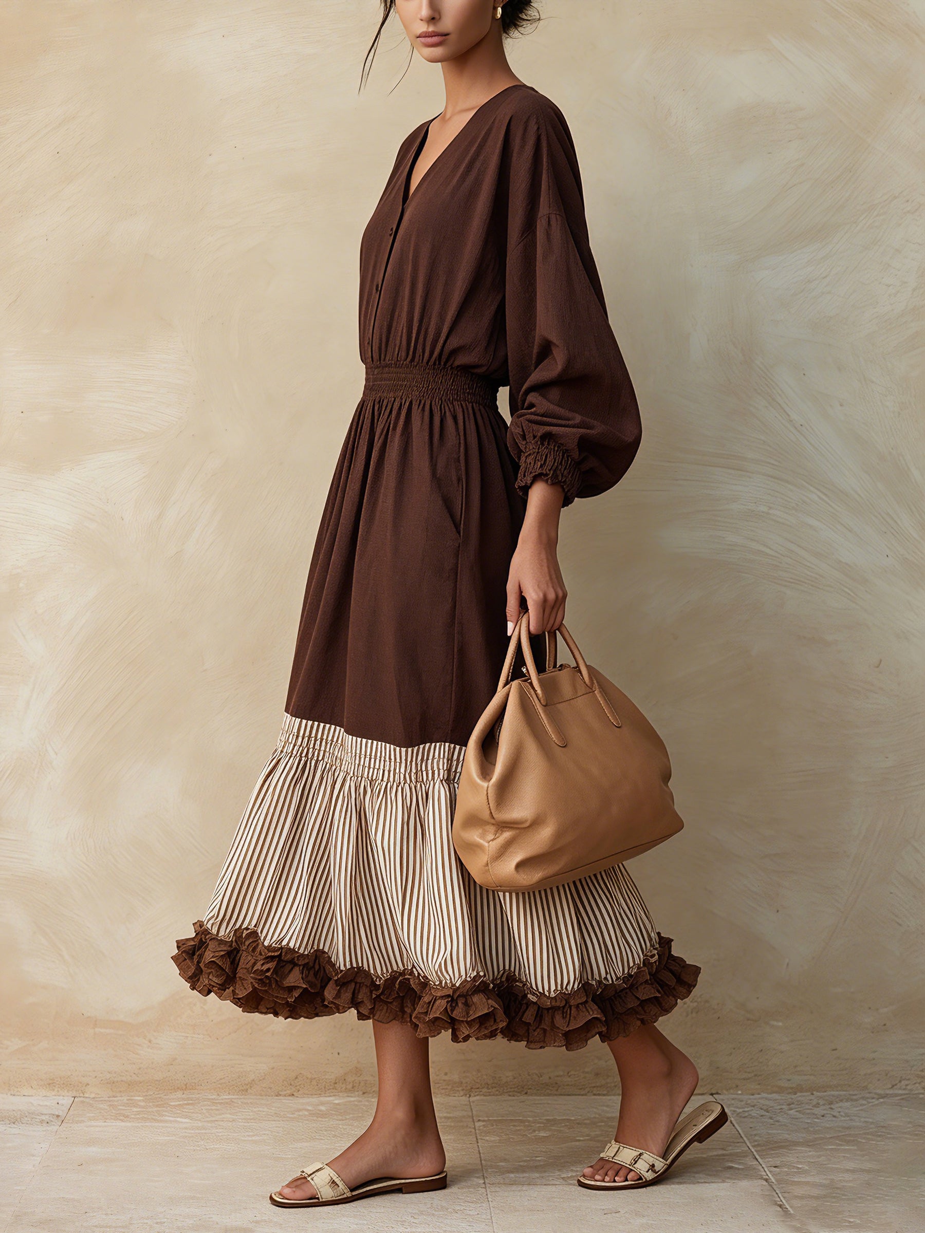 Women's Boho V-Neck Smocked Waist Midi Dress – Long Sleeve Color Block Ruffle Hem Dress
