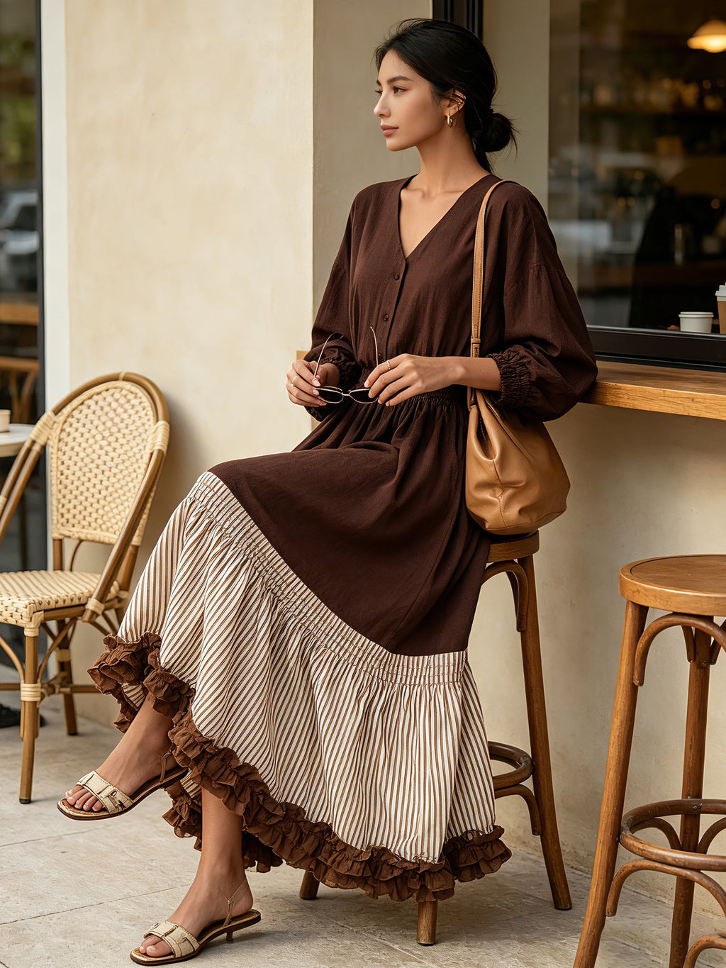Women's Boho V-Neck Smocked Waist Midi Dress – Long Sleeve Color Block Ruffle Hem Dress