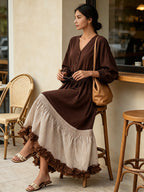 Women's Boho V-Neck Smocked Waist Midi Dress – Long Sleeve Color Block Ruffle Hem Dress