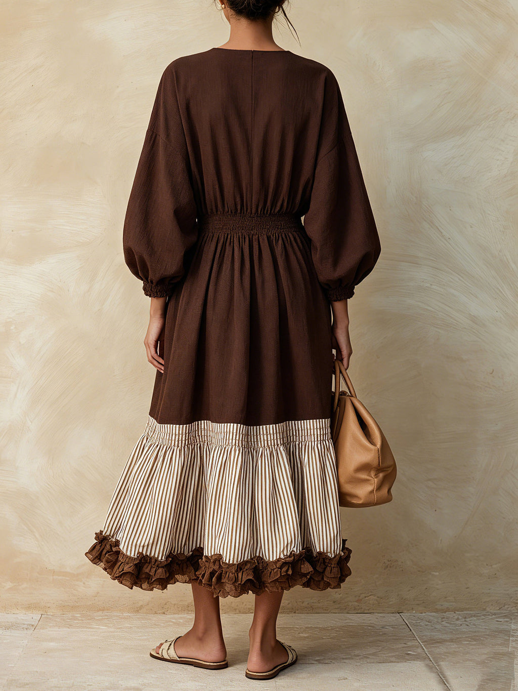 Women's Boho V-Neck Smocked Waist Midi Dress – Long Sleeve Color Block Ruffle Hem Dress