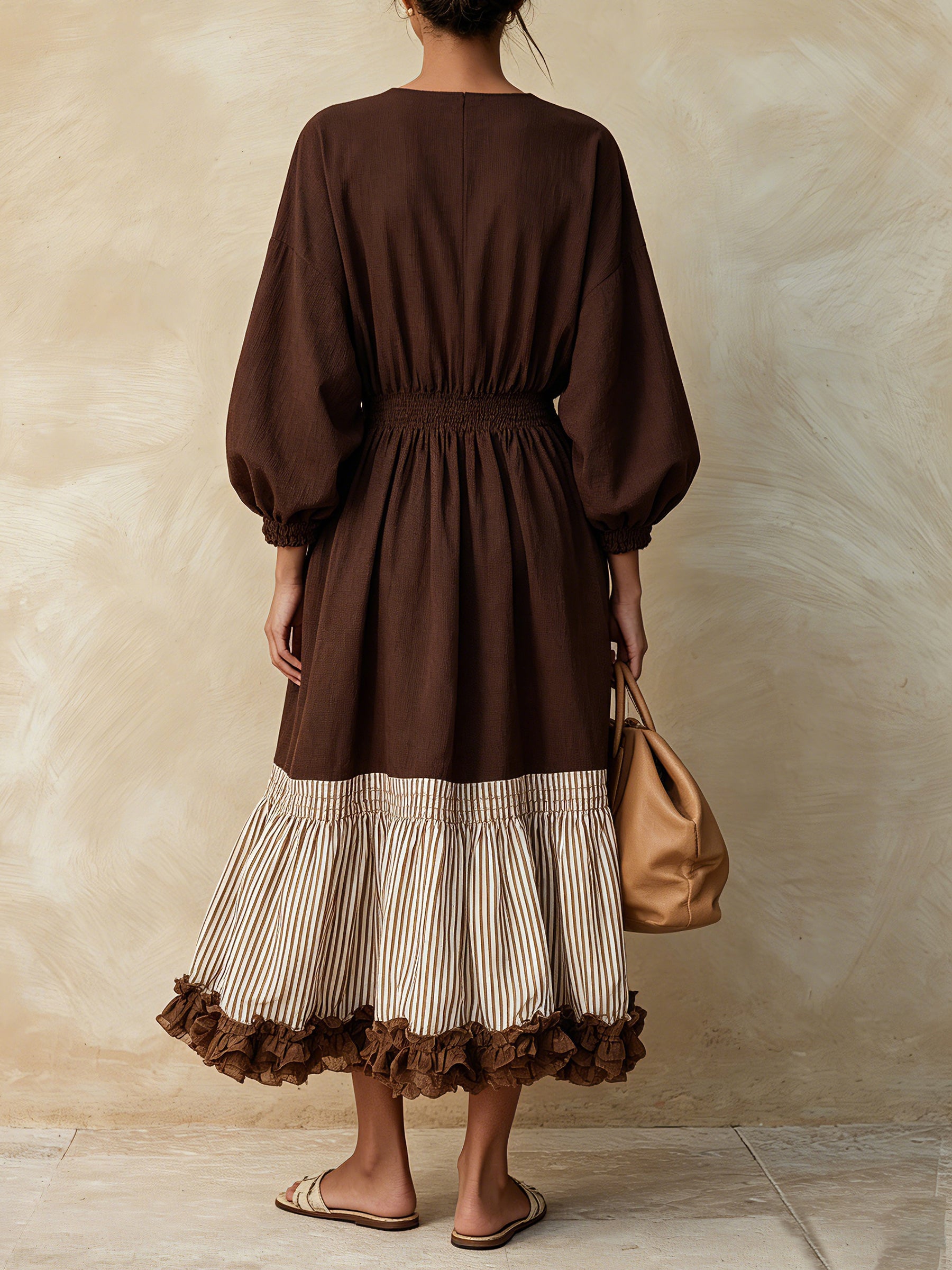 Women's Boho V-Neck Smocked Waist Midi Dress – Long Sleeve Color Block Ruffle Hem Dress