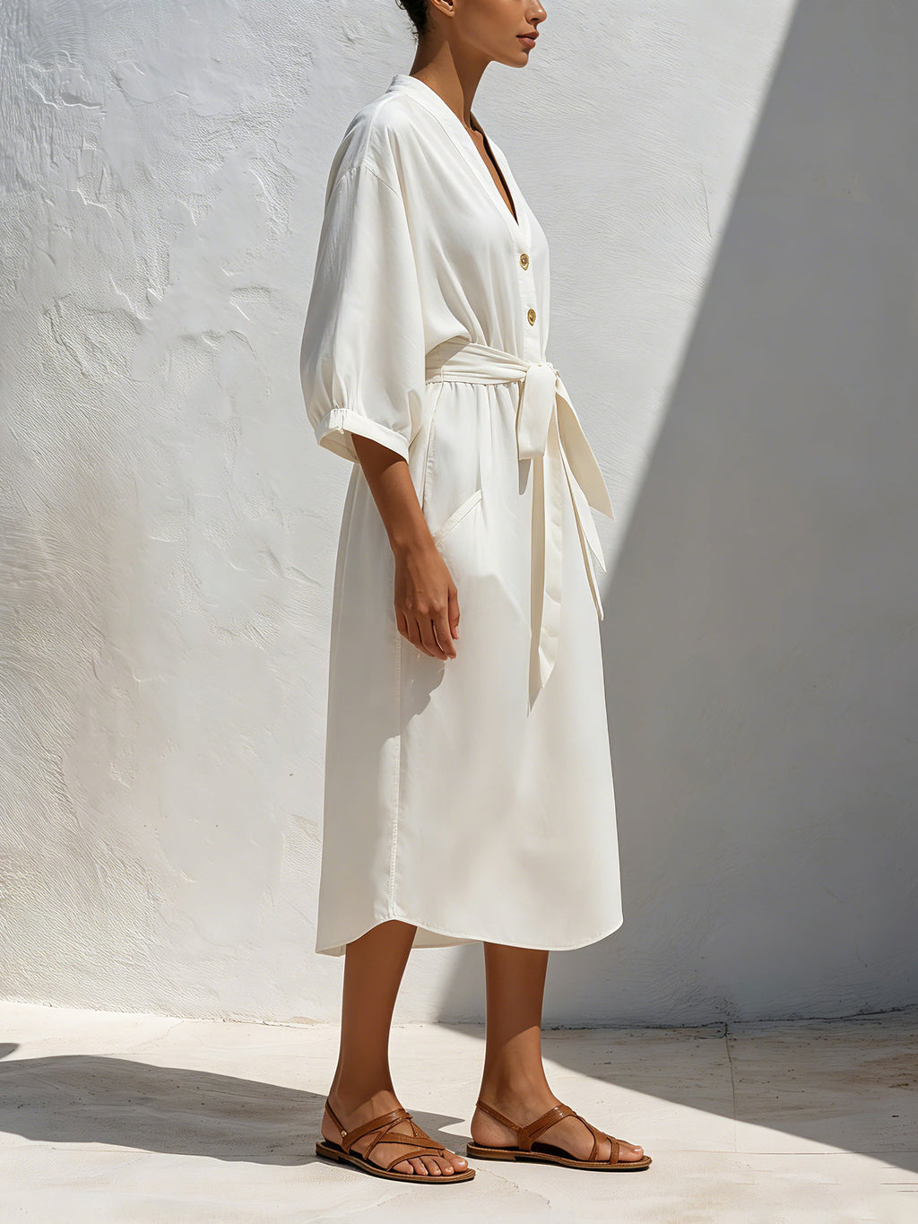 Women’s Minimalist V-Neck Button Front Midi Dress – Relaxed Fit Tie Waist Long Sleeve Casual Dress
