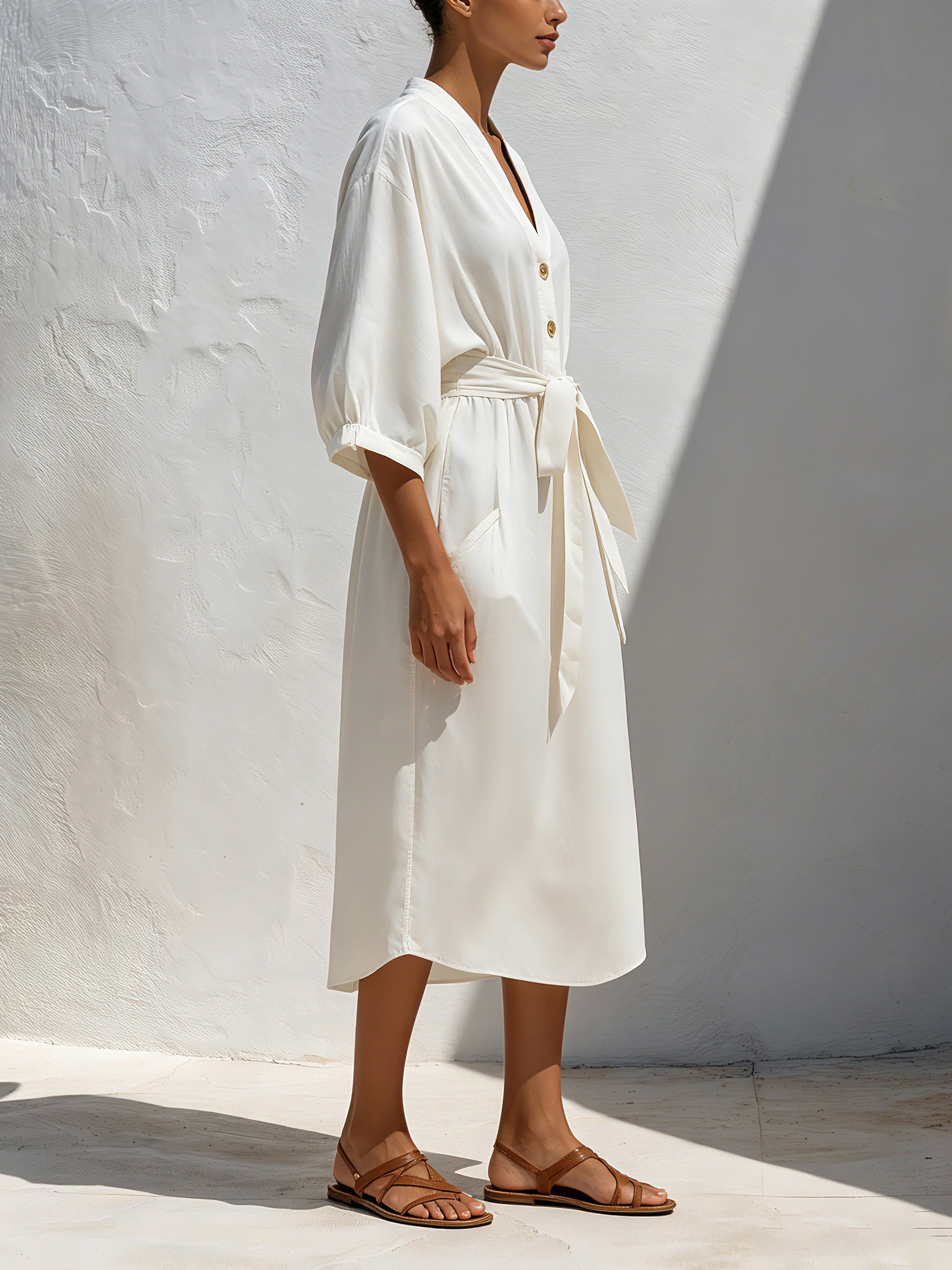 Women’s Minimalist V-Neck Button Front Midi Dress – Relaxed Fit Tie Waist Long Sleeve Casual Dress