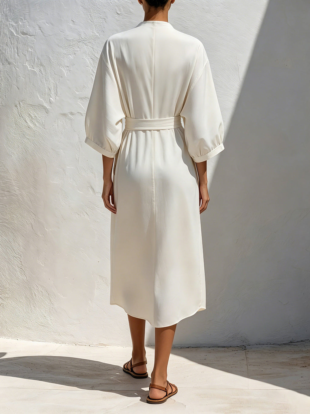 Women’s Minimalist V-Neck Button Front Midi Dress – Relaxed Fit Tie Waist Long Sleeve Casual Dress