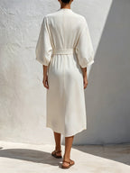 Women’s Minimalist V-Neck Button Front Midi Dress – Relaxed Fit Tie Waist Long Sleeve Casual Dress