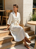 Women’s Minimalist V-Neck Button Front Midi Dress – Relaxed Fit Tie Waist Long Sleeve Casual Dress