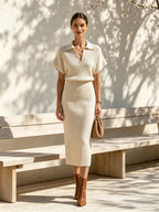 Women's Ribbed Knit Polo Top & Midi Skirt Set | Elegant Two-Piece Matching Outfit