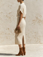 Women's Ribbed Knit Polo Top & Midi Skirt Set | Elegant Two-Piece Matching Outfit