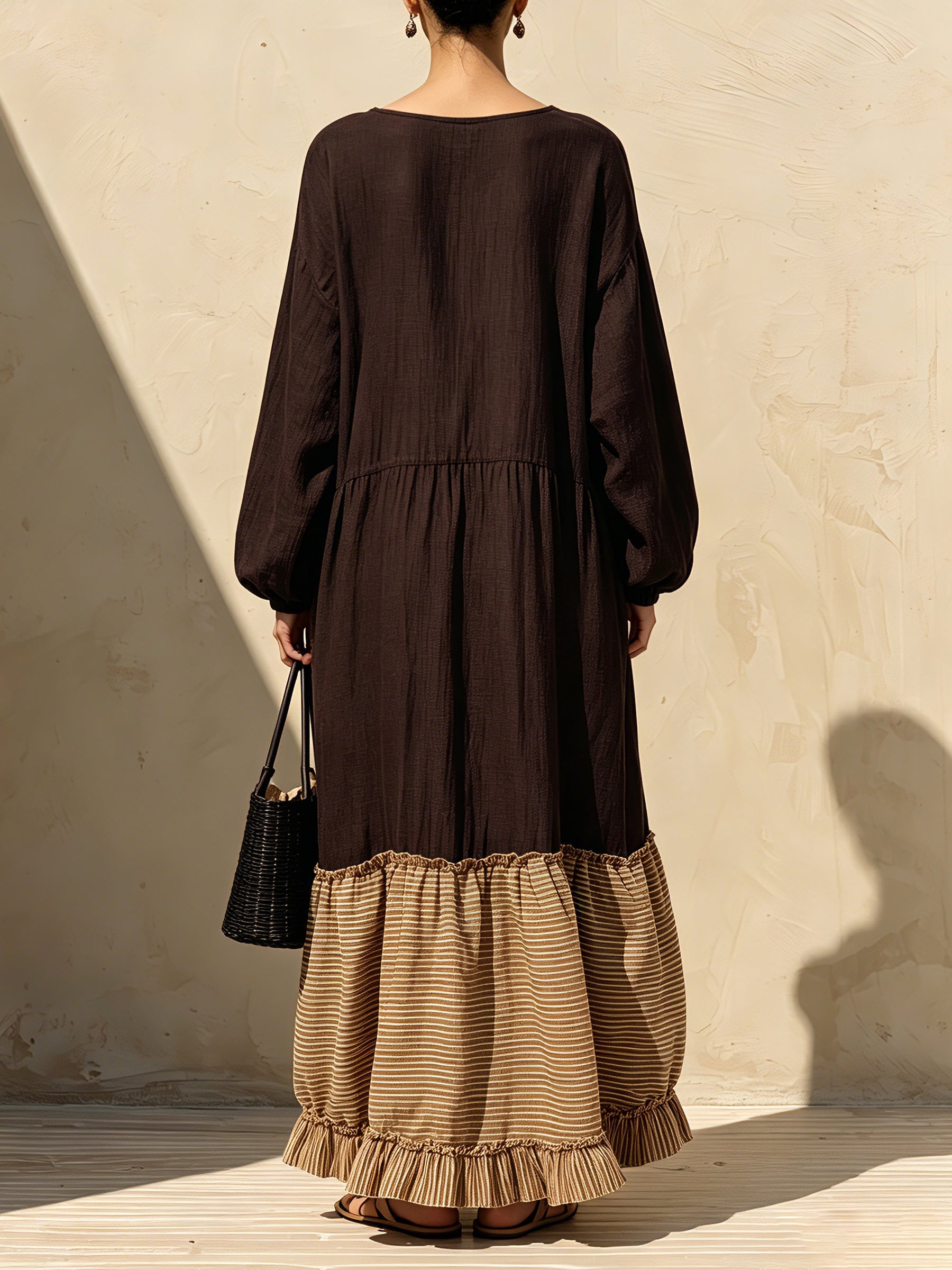 Women's Boho Color Block Maxi Dress – Long Sleeve Loose Fit Patch Pocket Ruffle Hem Casual Dress