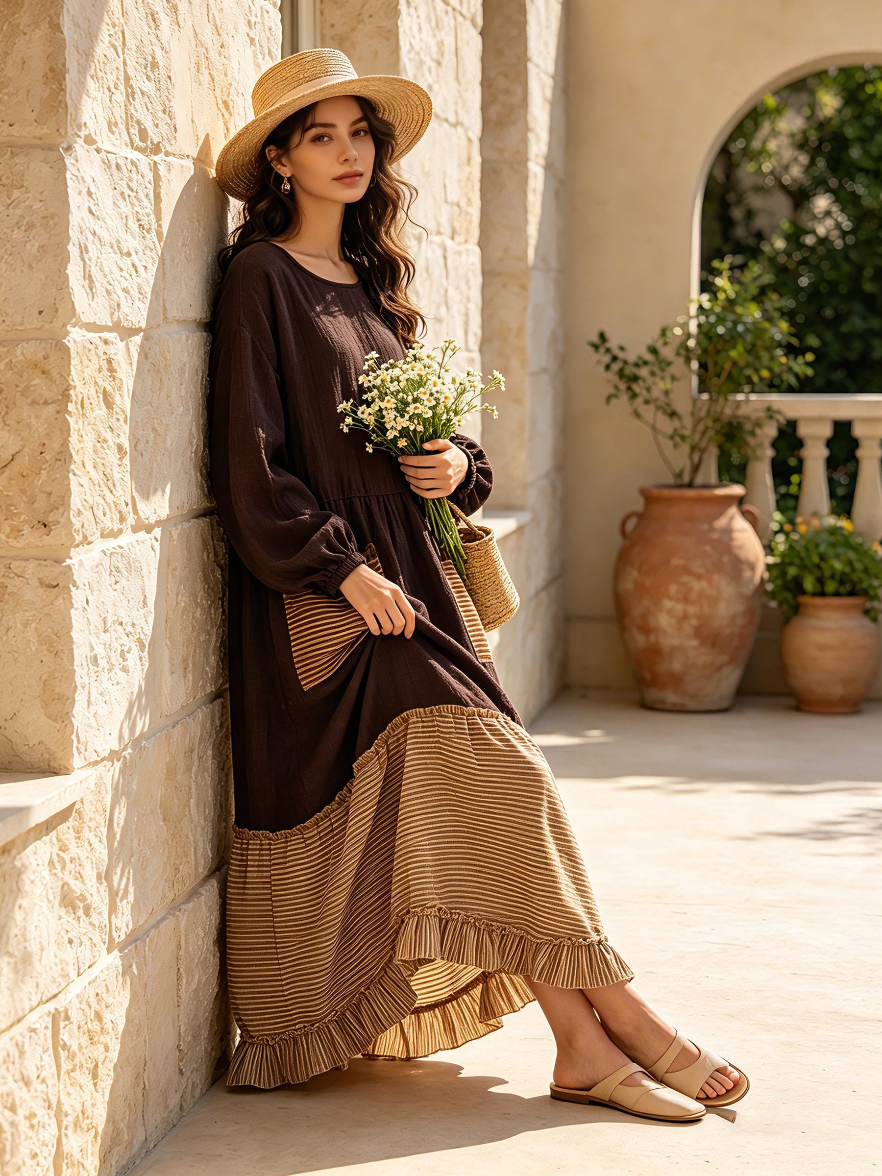 Women's Boho Color Block Maxi Dress – Long Sleeve Loose Fit Patch Pocket Ruffle Hem Casual Dress