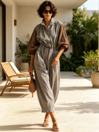 Grey-Brown Color-Block Long-Sleeve Wide-Leg Jumpsuit With Drawstring Waist