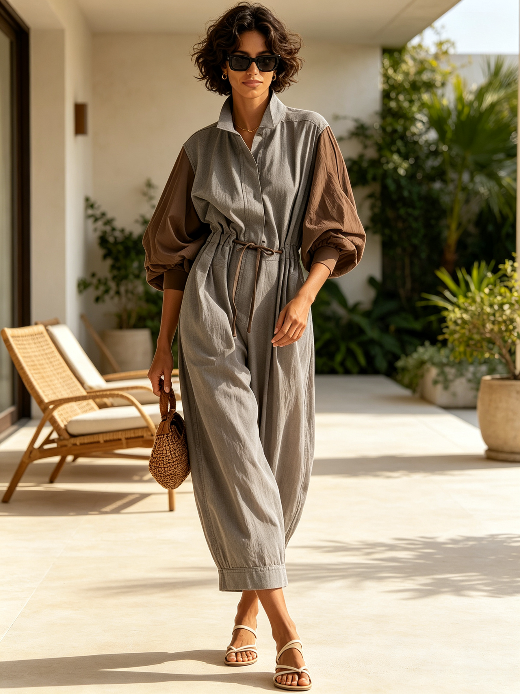 Grey-Brown Color-Block Long-Sleeve Wide-Leg Jumpsuit With Drawstring Waist