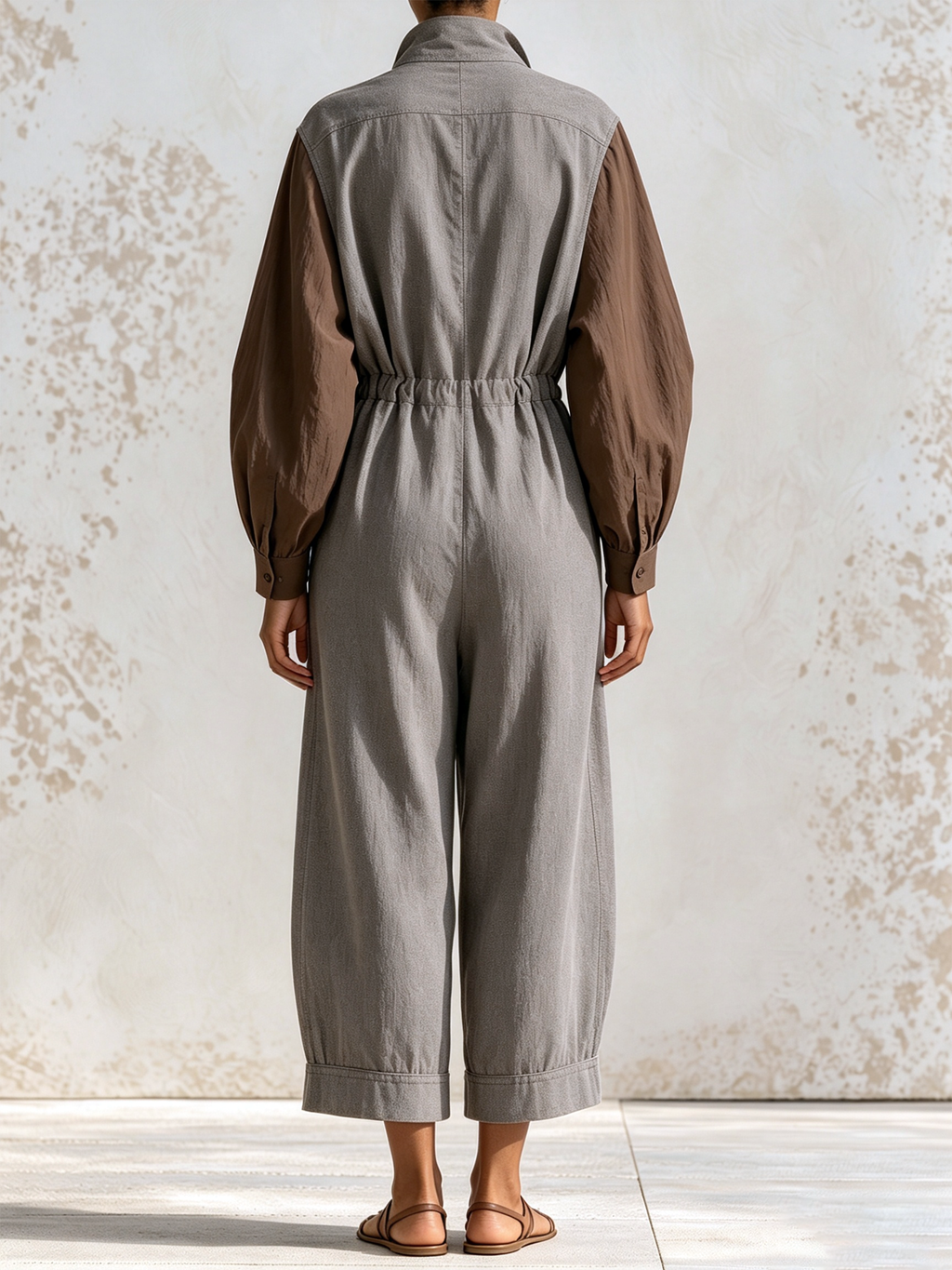 Grey-Brown Color-Block Long-Sleeve Wide-Leg Jumpsuit With Drawstring Waist