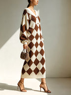 Women's Argyle Knit Sweater Maxi Dress – V-Neck Button Detail Long Sleeve Oversized Sweater Dress
