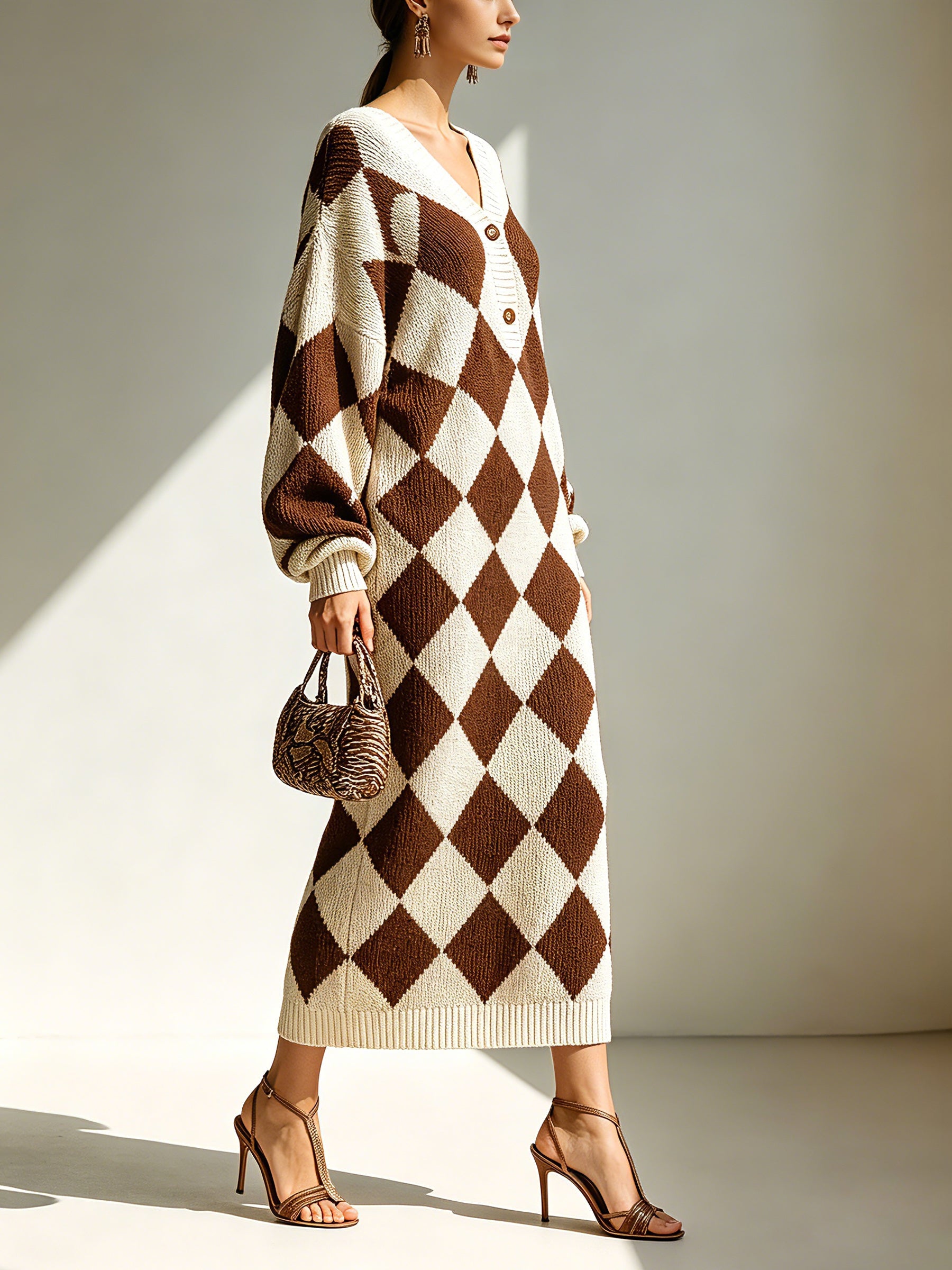 Women's Argyle Knit Sweater Maxi Dress – V-Neck Button Detail Long Sleeve Oversized Sweater Dress