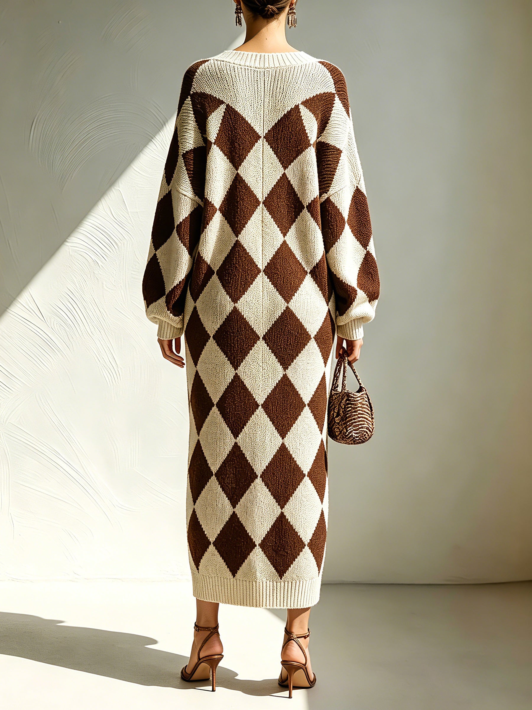 Women's Argyle Knit Sweater Maxi Dress – V-Neck Button Detail Long Sleeve Oversized Sweater Dress