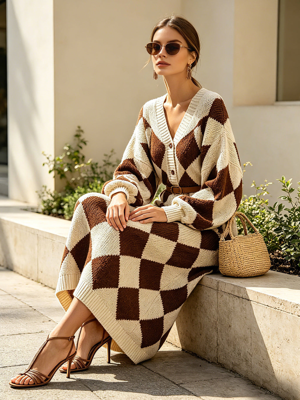 Women's Argyle Knit Sweater Maxi Dress – V-Neck Button Detail Long Sleeve Oversized Sweater Dress