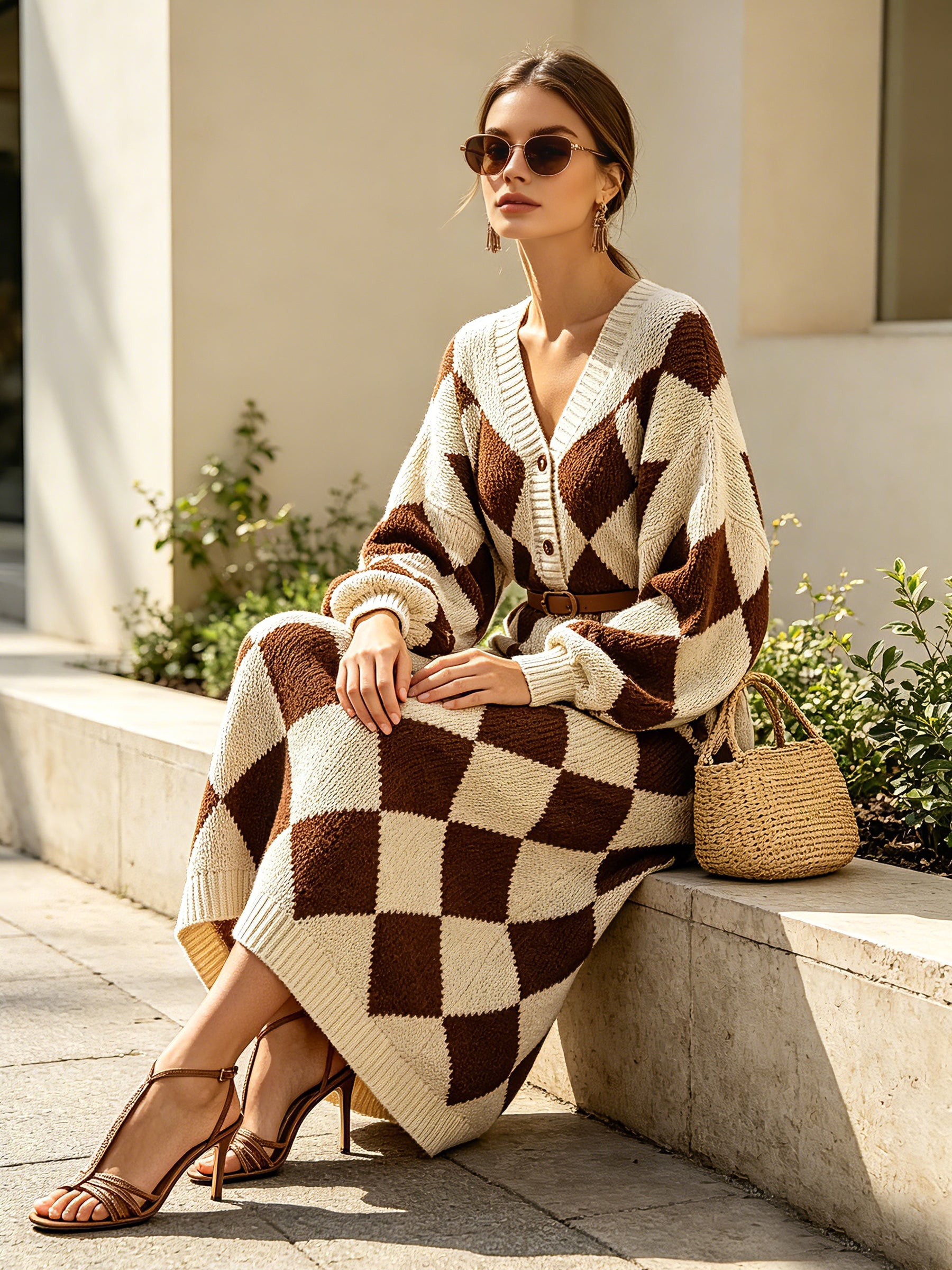 Women's Argyle Knit Sweater Maxi Dress – V-Neck Button Detail Long Sleeve Oversized Sweater Dress