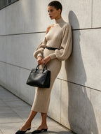 Elegant Ribbed Knit Midi Dress – One-Shoulder Cutout Long Sleeve Sweater Dress