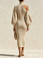 Elegant Ribbed Knit Midi Dress – One-Shoulder Cutout Long Sleeve Sweater Dress