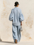 Women’s Blue Striped Shirt & Wide Leg Pants Set – Elegant Casual Two Piece Outfit