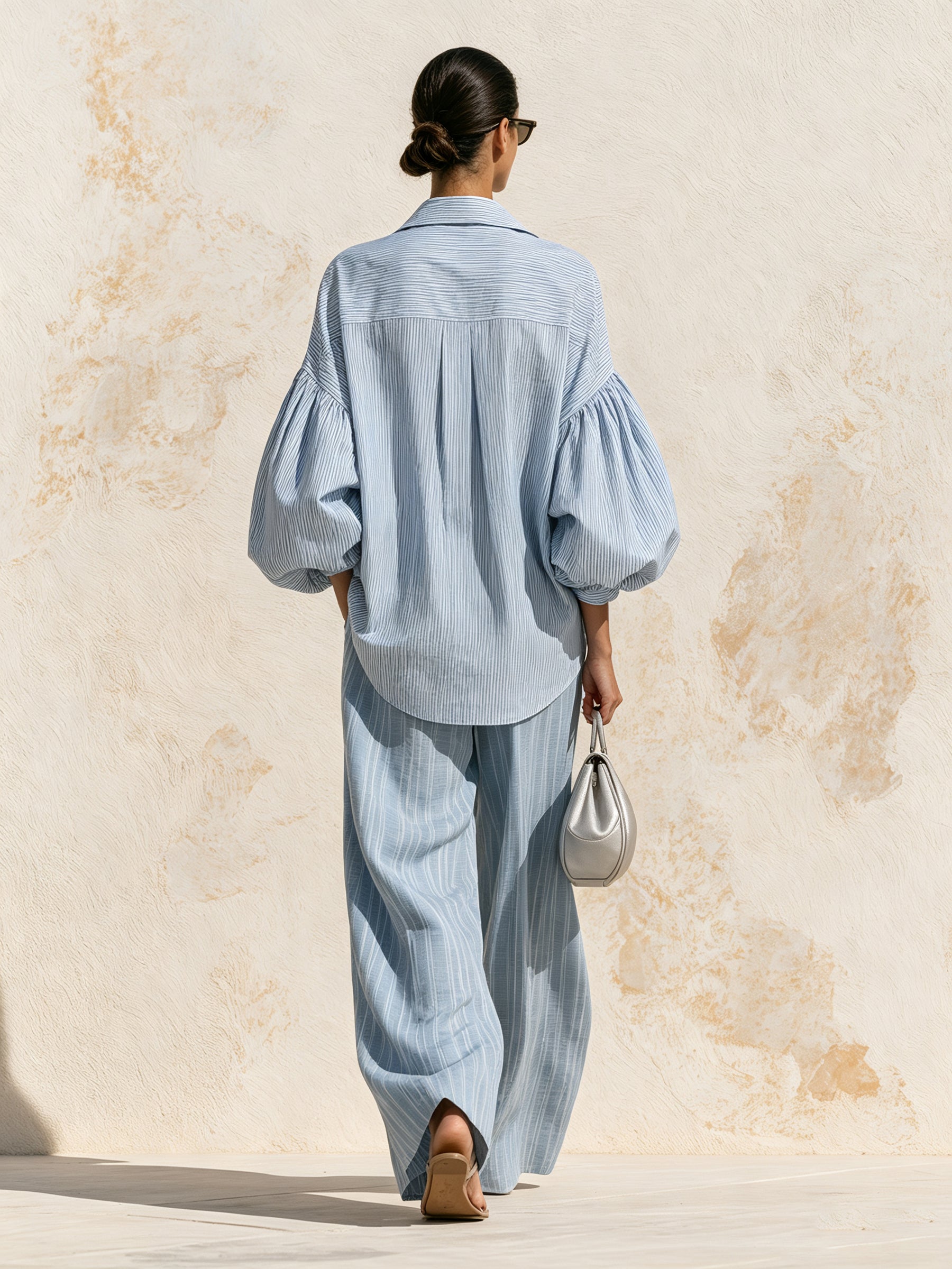 Women’s Blue Striped Shirt & Wide Leg Pants Set – Elegant Casual Two Piece Outfit