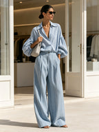 Women’s Blue Striped Shirt & Wide Leg Pants Set – Elegant Casual Two Piece Outfit